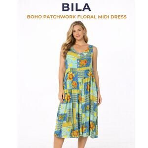 Bila Boho Patchwork Floral Midi Dress Rayon Y2K Indie Size L Oversized Flowy